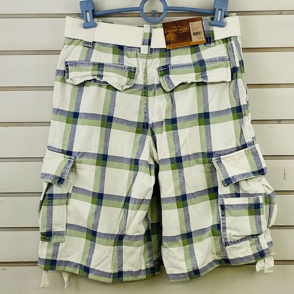 Youth Boys 16 Urban Pipeline Cargo Shorts Plaid Blue Green Belt 11